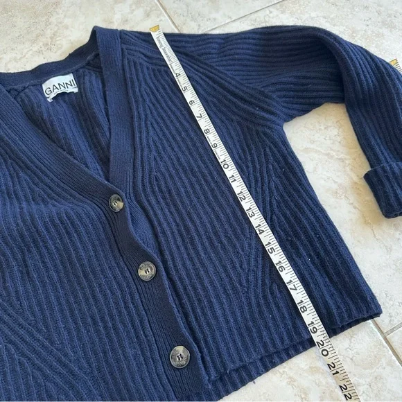GANNI Cropped Navy Wool Blend Sweater Cardigan Size Medium - Picture 5 of 9